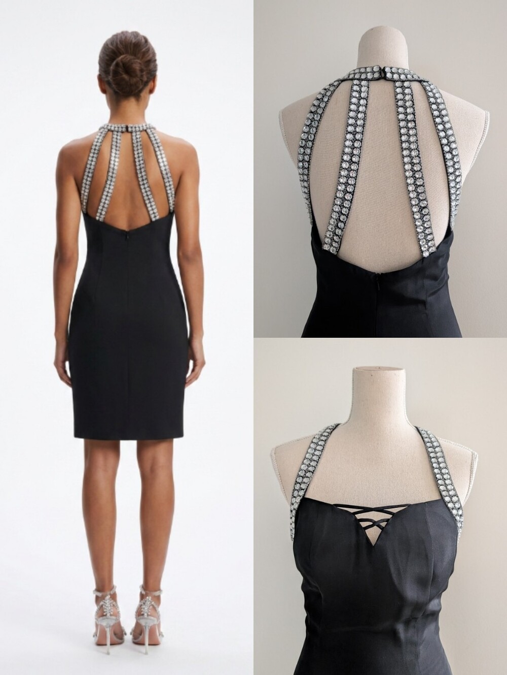 Vintage Silk Jeweled Back Cocktail Dress In Black